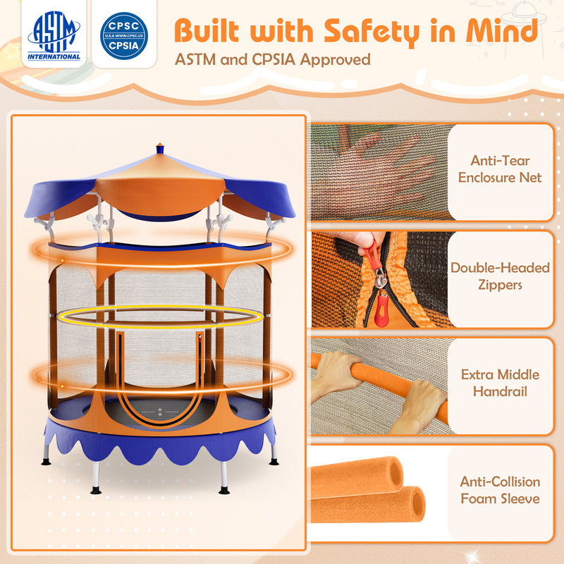 Costway - 64 Inch Kids Trampoline with Detachable Canopy and Safety Enclosure Net-Orange
