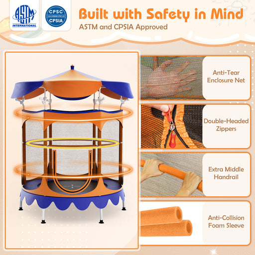 Costway - 64 Inch Kids Trampoline with Detachable Canopy and Safety Enclosure Net-Orange