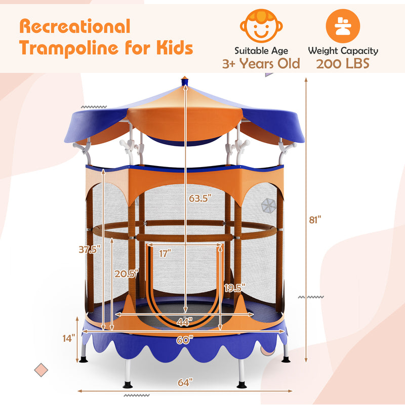 Costway - 64 Inch Kids Trampoline with Detachable Canopy and Safety Enclosure Net-Orange
