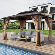 Costway - 10x13ft Double-Roof Patio Hardtop Gazebo with Galvanized Steel Roof Netting and Curtains-Coffee