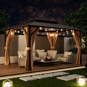 Costway - 10x13ft Double-Roof Patio Hardtop Gazebo with Galvanized Steel Roof Netting and Curtains-Coffee