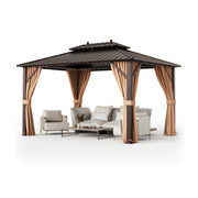 Costway - 10x13ft Double-Roof Patio Hardtop Gazebo with Galvanized Steel Roof Netting and Curtains-Coffee