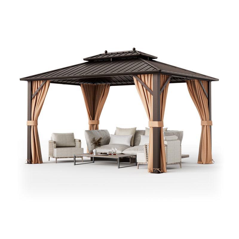 Costway - 10x13ft Double-Roof Patio Hardtop Gazebo with Galvanized Steel Roof Netting and Curtains-Coffee