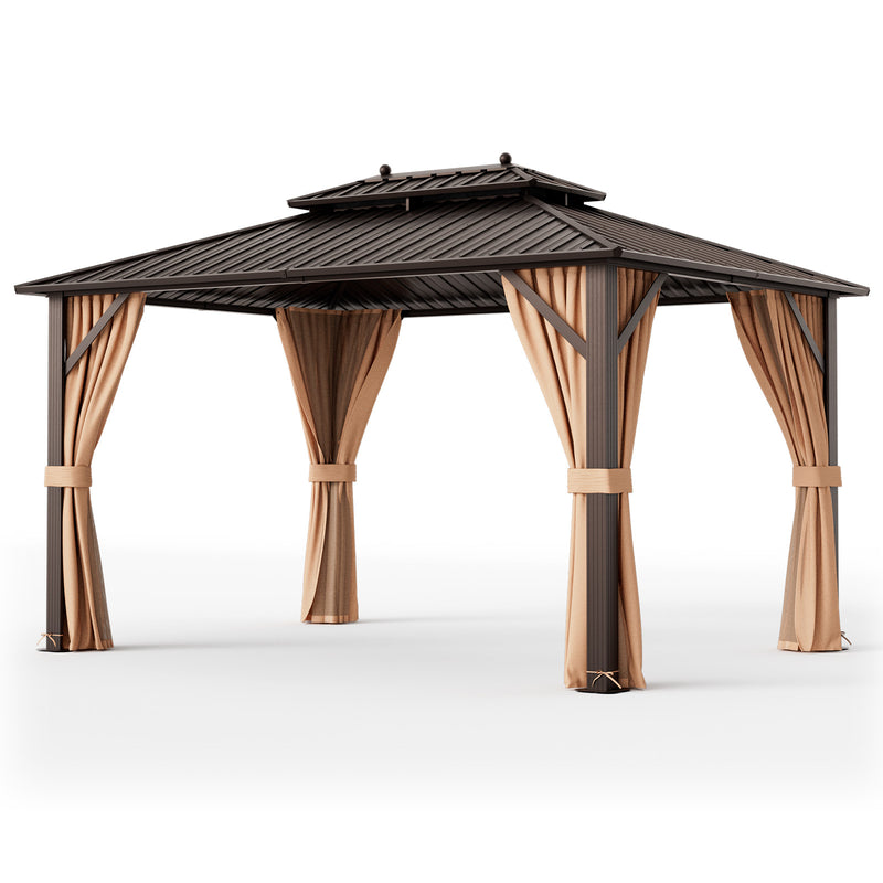 Costway - 10x13ft Double-Roof Patio Hardtop Gazebo with Galvanized Steel Roof Netting and Curtains-Coffee