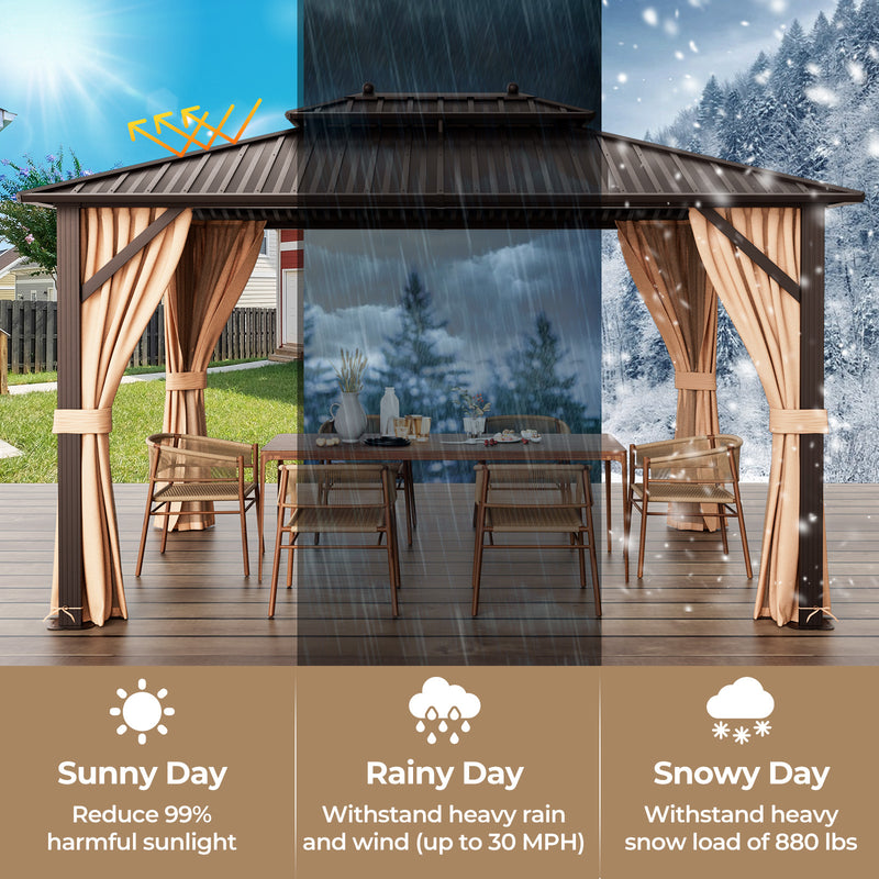 Costway - 10x13ft Double-Roof Patio Hardtop Gazebo with Galvanized Steel Roof Netting and Curtains-Coffee