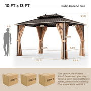 Costway - 10x13ft Double-Roof Patio Hardtop Gazebo with Galvanized Steel Roof Netting and Curtains-Coffee