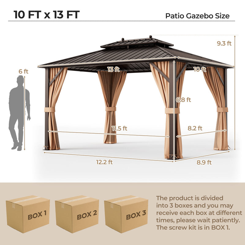 Costway - 10x13ft Double-Roof Patio Hardtop Gazebo with Galvanized Steel Roof Netting and Curtains-Coffee