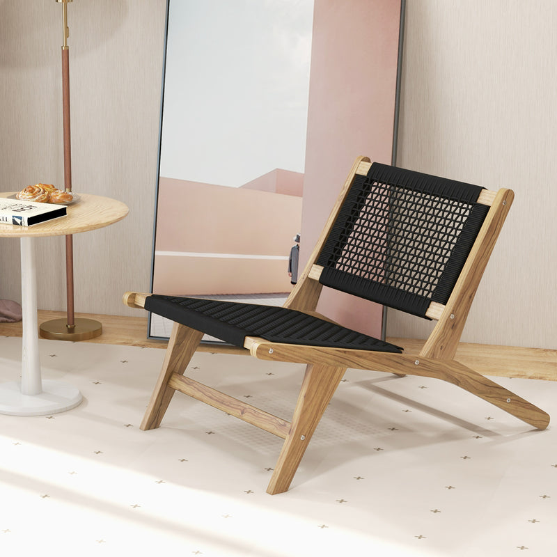 Costway - Indoor Outdoor Teak Wooden Chair with Handwoven Cordage Seat and Backrest