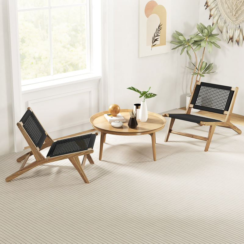 Costway - Indoor Outdoor Teak Wooden Chair with Handwoven Cordage Seat and Backrest