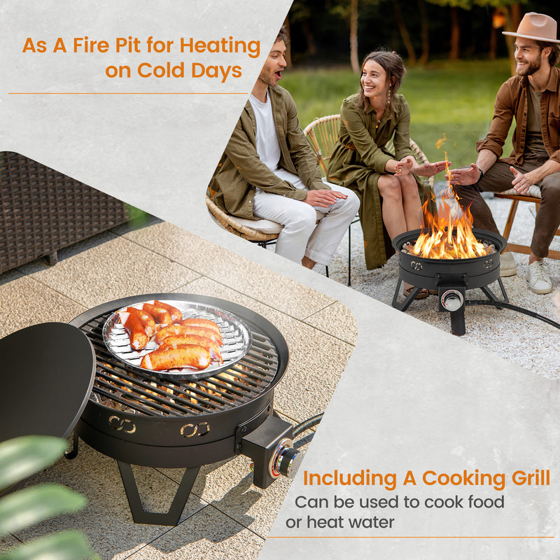 Costway - 17 Inch Portable Gas Fire Pit with Folding Legs and Removable Grill for Camping-Black