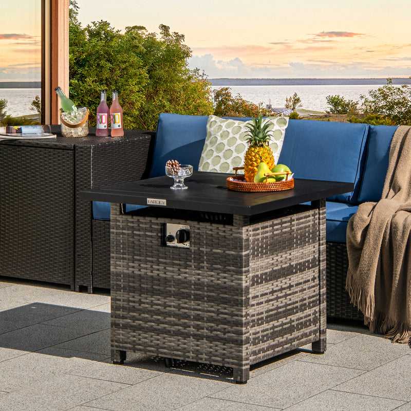 Costway - 29 Inch Propane Rattan Firepit Table with Lava Rocks and Protective Cover-Gray