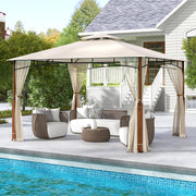 Costway - 12 x 10 Feet Outdoor Patio Gazebo with Netting and 2-Tier Canopy Roof-Beige