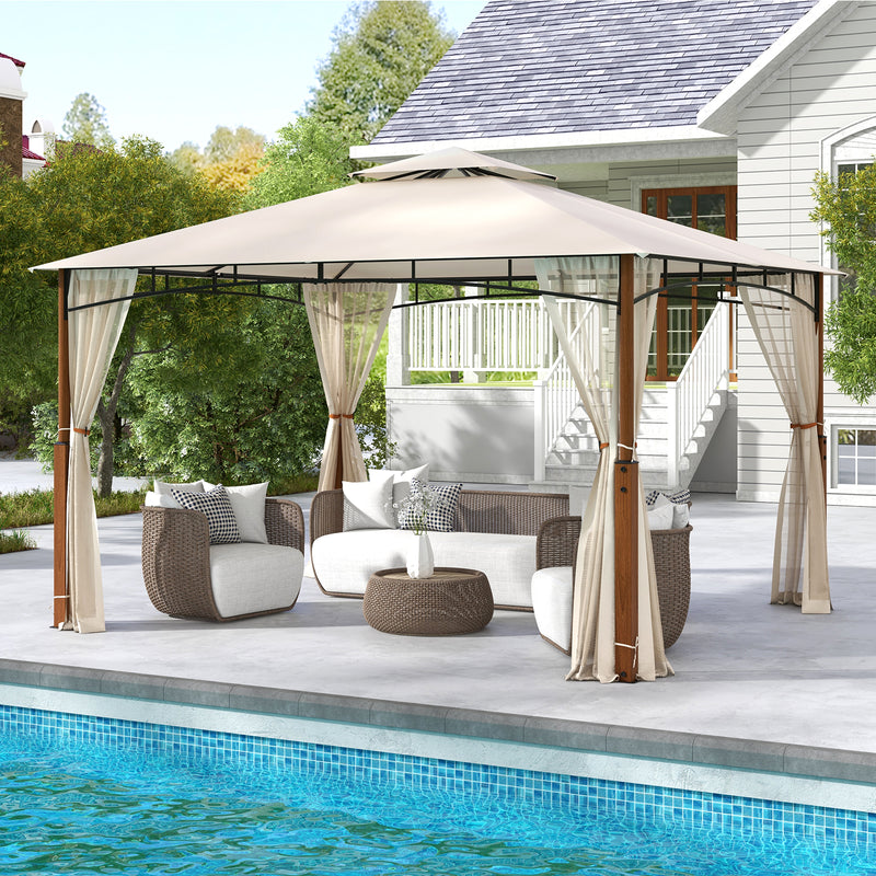 Costway - 12 x 10 Feet Outdoor Patio Gazebo with Netting and 2-Tier Canopy Roof-Beige