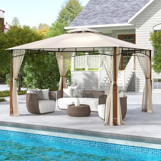 Costway - 12 x 10 Feet Outdoor Patio Gazebo with Netting and 2-Tier Canopy Roof-Beige
