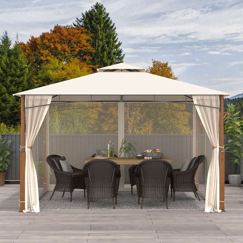 Costway - 12 x 10 Feet Outdoor Patio Gazebo with Netting and 2-Tier Canopy Roof-Beige