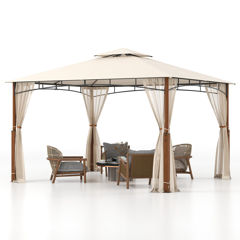 Costway - 12 x 10 Feet Outdoor Patio Gazebo with Netting and 2-Tier Canopy Roof-Beige