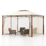 Costway - 12 x 10 Feet Outdoor Patio Gazebo with Netting and 2-Tier Canopy Roof-Beige