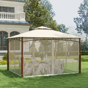 Costway - 12 x 10 Feet Outdoor Patio Gazebo with Netting and 2-Tier Canopy Roof-Beige