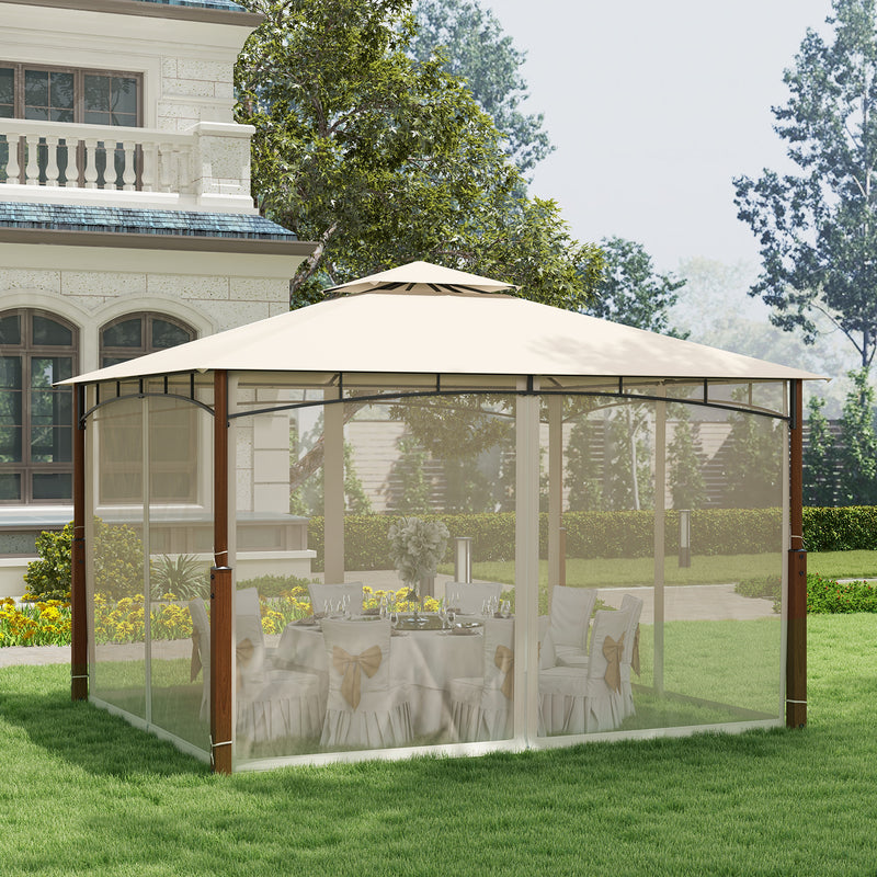 Costway - 12 x 10 Feet Outdoor Patio Gazebo with Netting and 2-Tier Canopy Roof-Beige