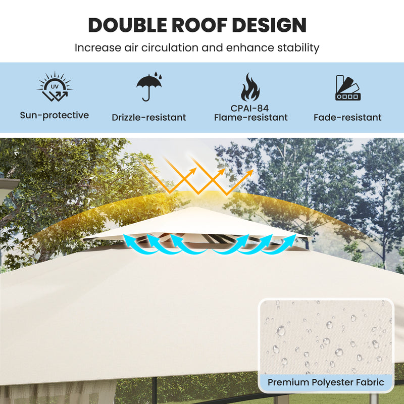 Costway - 12 x 10 Feet Outdoor Patio Gazebo with Netting and 2-Tier Canopy Roof-Beige
