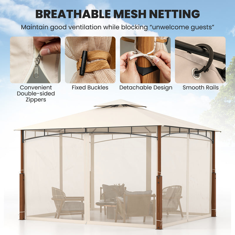 Costway - 12 x 10 Feet Outdoor Patio Gazebo with Netting and 2-Tier Canopy Roof-Beige