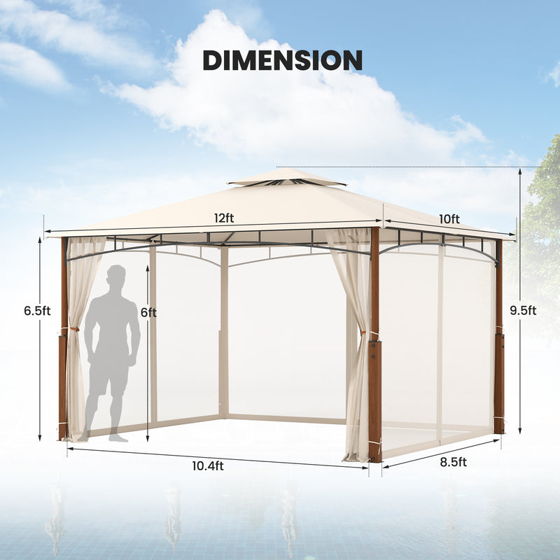 Costway - 12 x 10 Feet Outdoor Patio Gazebo with Netting and 2-Tier Canopy Roof-Beige