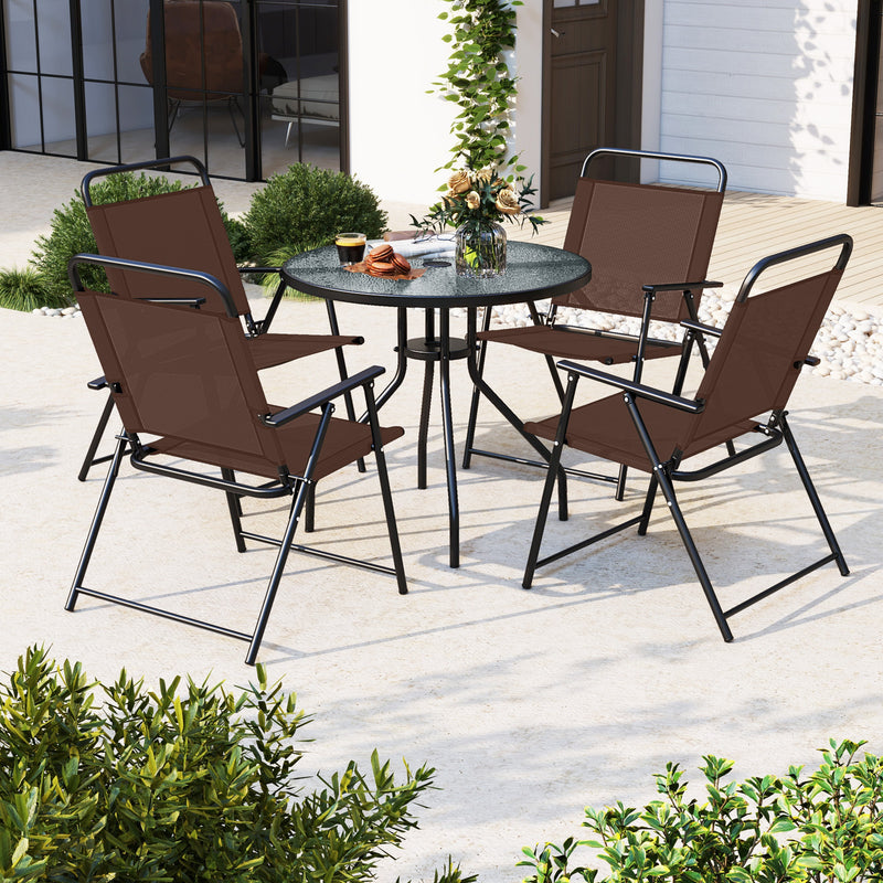 Costway - 6 Pieces Patio Dining Set Folding Chairs Glass Table Tilt Umbrella for Garden-Coffee