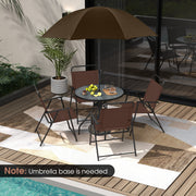 Costway - 6 Pieces Patio Dining Set Folding Chairs Glass Table Tilt Umbrella for Garden-Coffee