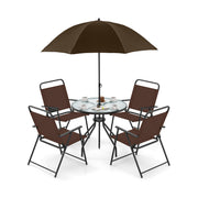 Costway - 6 Pieces Patio Dining Set Folding Chairs Glass Table Tilt Umbrella for Garden-Coffee