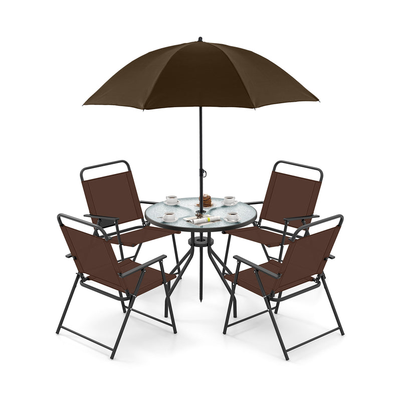 Costway - 6 Pieces Patio Dining Set Folding Chairs Glass Table Tilt Umbrella for Garden-Coffee