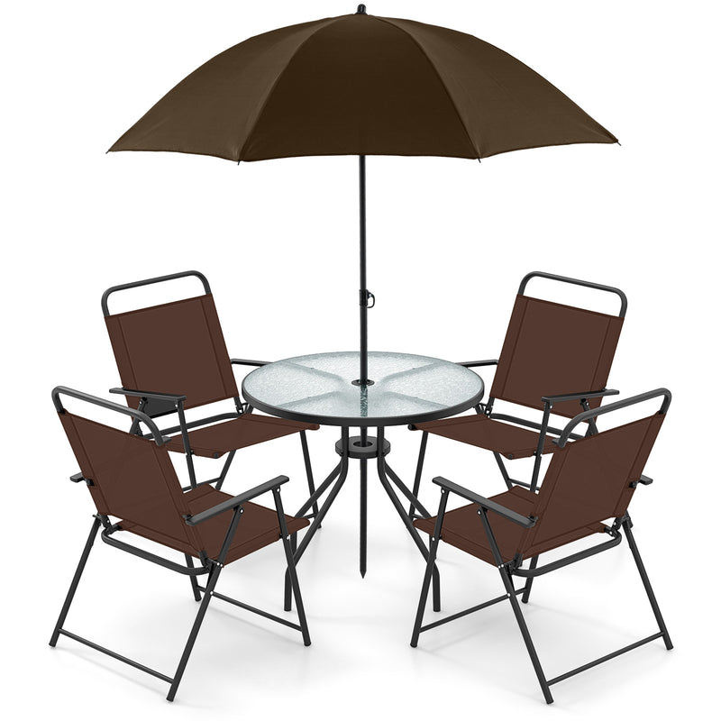 Costway - 6 Pieces Patio Dining Set Folding Chairs Glass Table Tilt Umbrella for Garden-Coffee