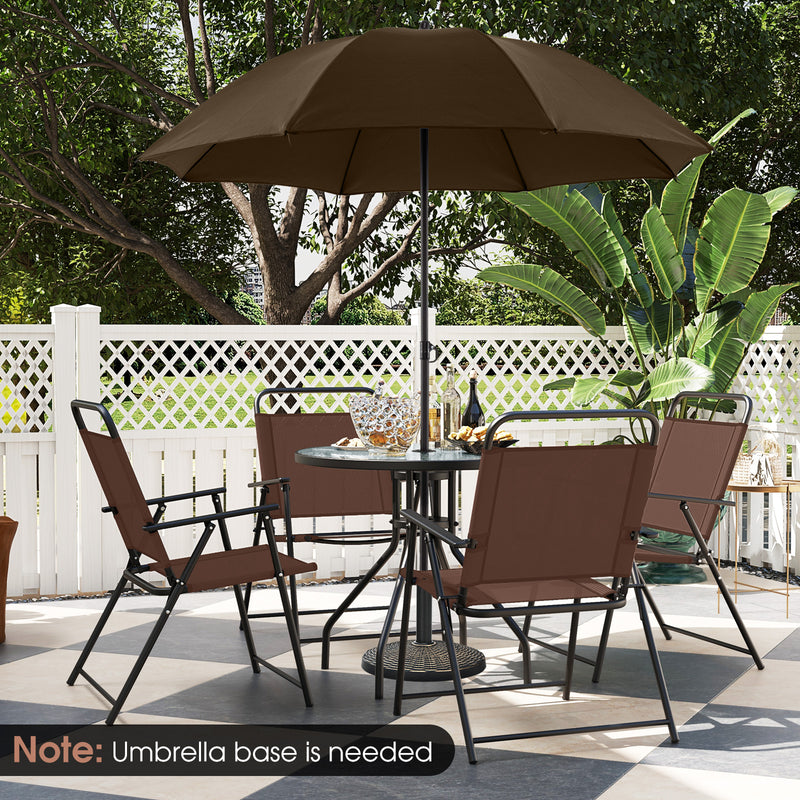 Costway - 6 Pieces Patio Dining Set Folding Chairs Glass Table Tilt Umbrella for Garden-Coffee