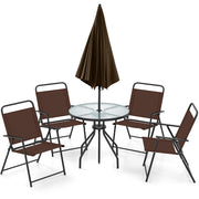 Costway - 6 Pieces Patio Dining Set Folding Chairs Glass Table Tilt Umbrella for Garden-Coffee