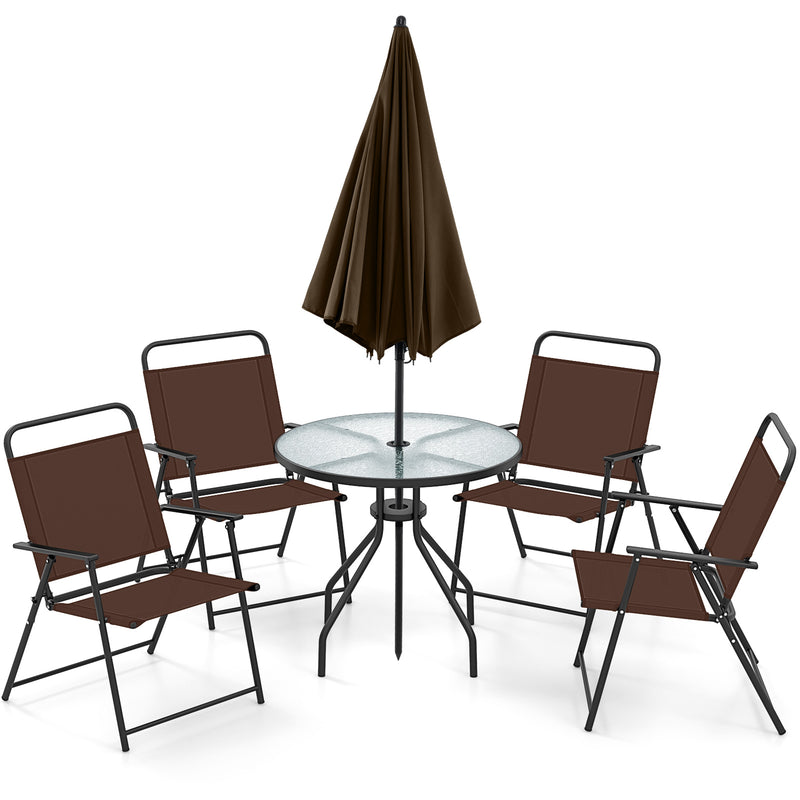 Costway - 6 Pieces Patio Dining Set Folding Chairs Glass Table Tilt Umbrella for Garden-Coffee