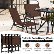 Costway - 6 Pieces Patio Dining Set Folding Chairs Glass Table Tilt Umbrella for Garden-Coffee