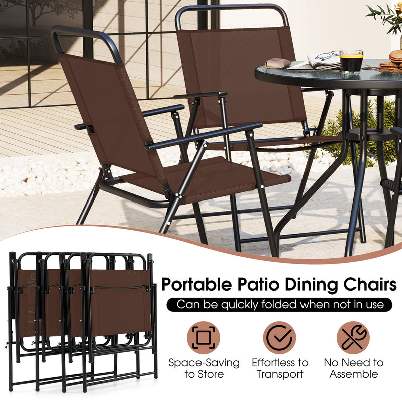 Costway - 6 Pieces Patio Dining Set Folding Chairs Glass Table Tilt Umbrella for Garden-Coffee