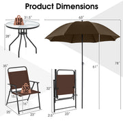 Costway - 6 Pieces Patio Dining Set Folding Chairs Glass Table Tilt Umbrella for Garden-Coffee