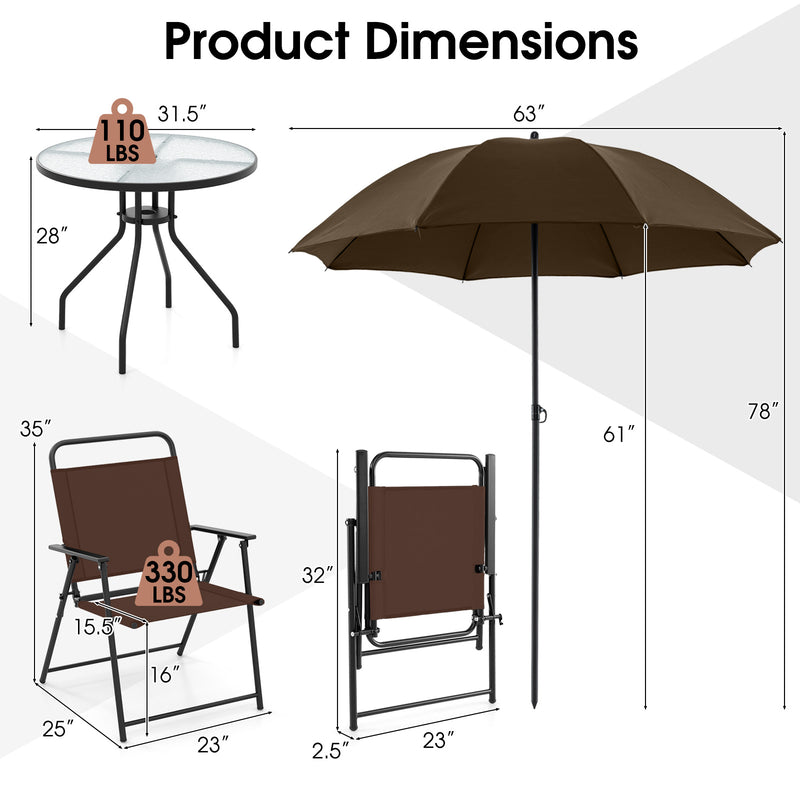 Costway - 6 Pieces Patio Dining Set Folding Chairs Glass Table Tilt Umbrella for Garden-Coffee