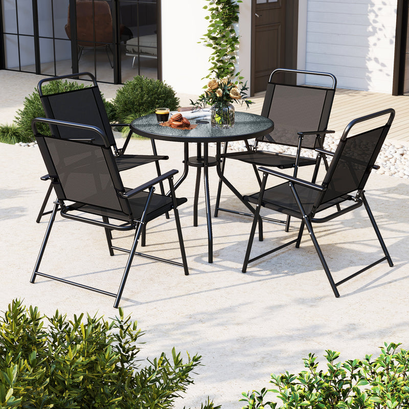 Costway - 6 Pieces Patio Dining Set Folding Chairs Glass Table Tilt Umbrella for Garden-Gray