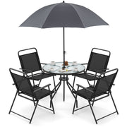 Costway - 6 Pieces Patio Dining Set Folding Chairs Glass Table Tilt Umbrella for Garden-Gray