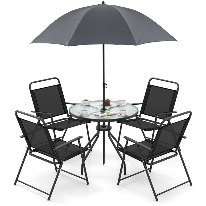 Costway - 6 Pieces Patio Dining Set Folding Chairs Glass Table Tilt Umbrella for Garden-Gray