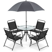Costway - 6 Pieces Patio Dining Set Folding Chairs Glass Table Tilt Umbrella for Garden-Gray
