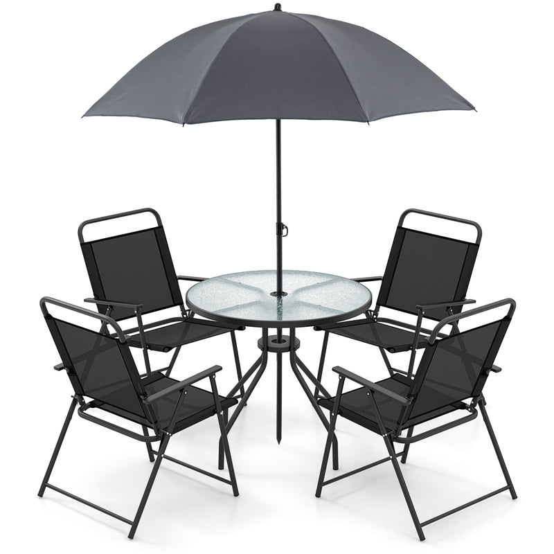 Costway - 6 Pieces Patio Dining Set Folding Chairs Glass Table Tilt Umbrella for Garden-Gray