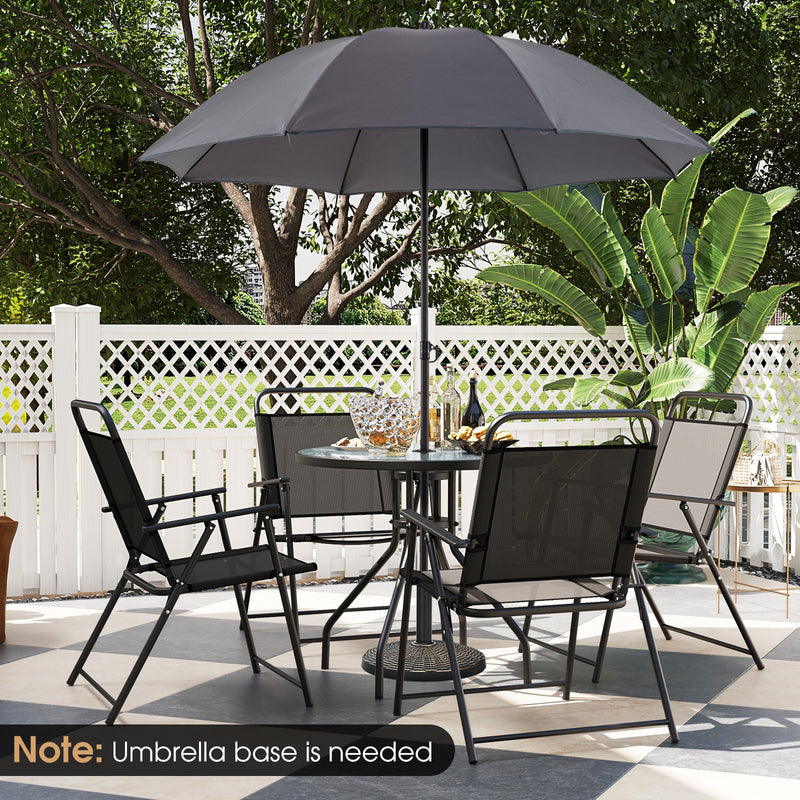 Costway - 6 Pieces Patio Dining Set Folding Chairs Glass Table Tilt Umbrella for Garden-Gray