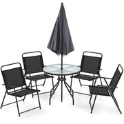 Costway - 6 Pieces Patio Dining Set Folding Chairs Glass Table Tilt Umbrella for Garden-Gray