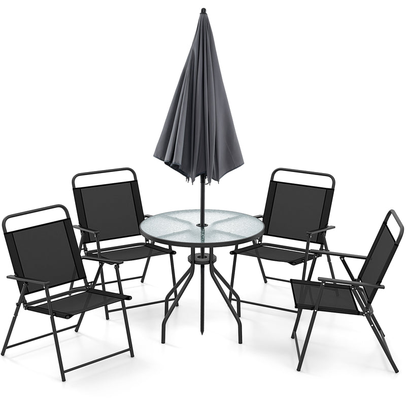 Costway - 6 Pieces Patio Dining Set Folding Chairs Glass Table Tilt Umbrella for Garden-Gray