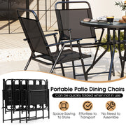 Costway - 6 Pieces Patio Dining Set Folding Chairs Glass Table Tilt Umbrella for Garden-Gray
