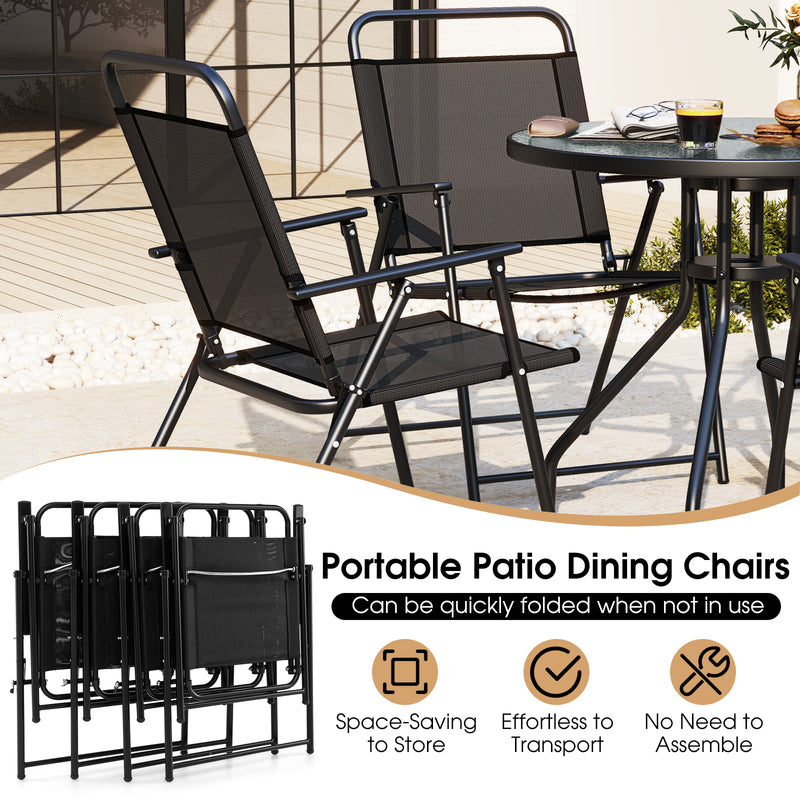 Costway - 6 Pieces Patio Dining Set Folding Chairs Glass Table Tilt Umbrella for Garden-Gray