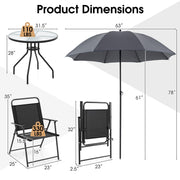 Costway - 6 Pieces Patio Dining Set Folding Chairs Glass Table Tilt Umbrella for Garden-Gray