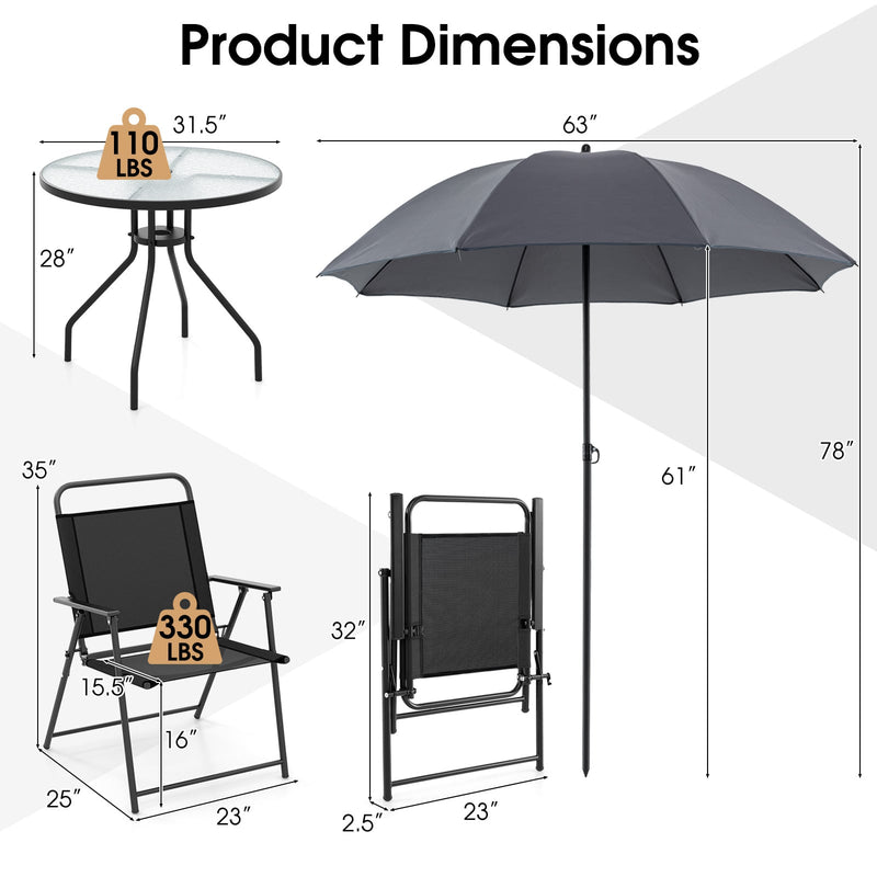 Costway - 6 Pieces Patio Dining Set Folding Chairs Glass Table Tilt Umbrella for Garden-Gray